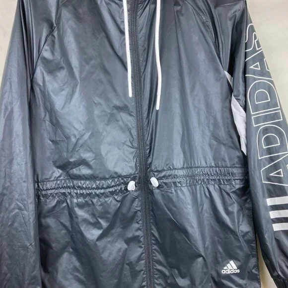 Adidas Women Sz S Black Wind Breaker Zip Up Hooded Jacket Cinched Waist - Picture 6 of 11
